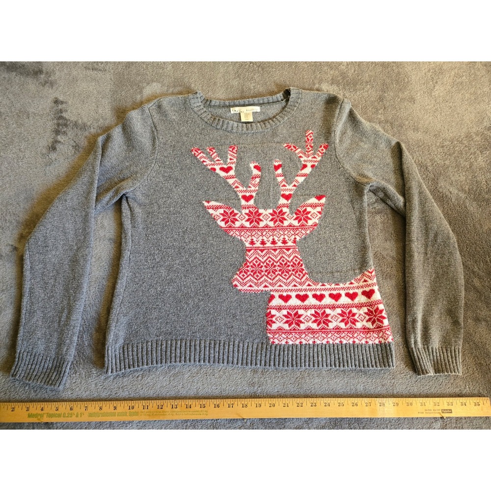 Kaisely Reindeer Sweater Women XL Grey Red Holiday Good Festive Intarsia Knit